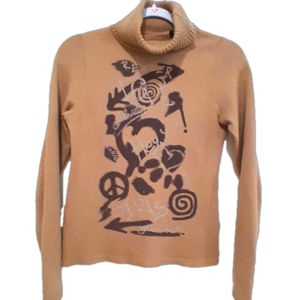 Girls Fawn Brown Graphic Turtleneck long sleeved Sweater  EUC Sz 10-12